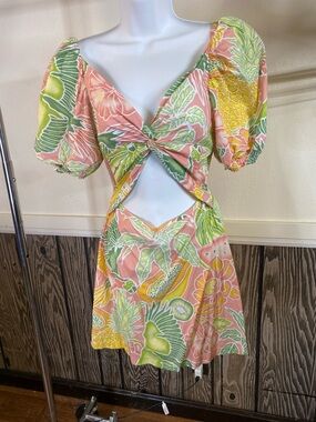 Kenny Flowers Pink Green Yellow Tropical Mini Dress